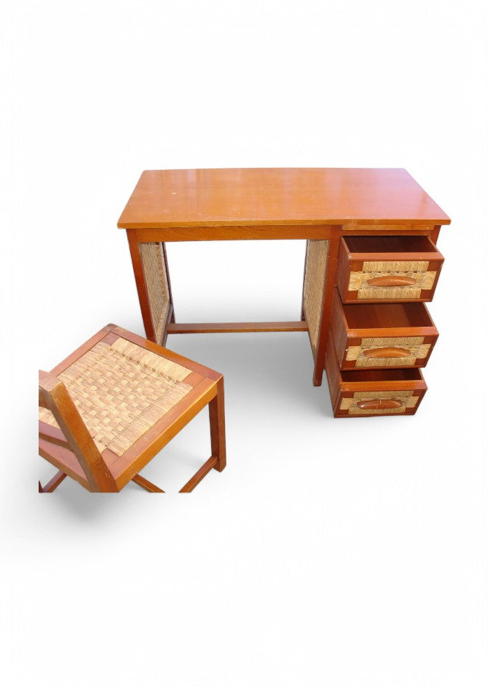 Bureau et sa chaise en acajou et paillage -  Mexique en 1959