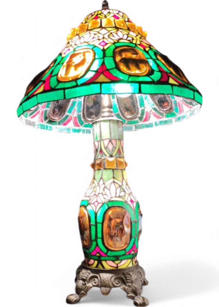 Grande Lampe en Mosaïque de Verre Façon Vitrail Style Art Déco