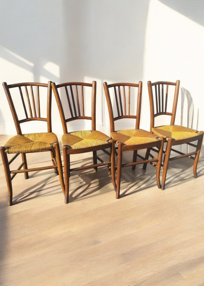 Série de 4 Chaises de Bistrot Paillées – Fin du XIXe Siècle