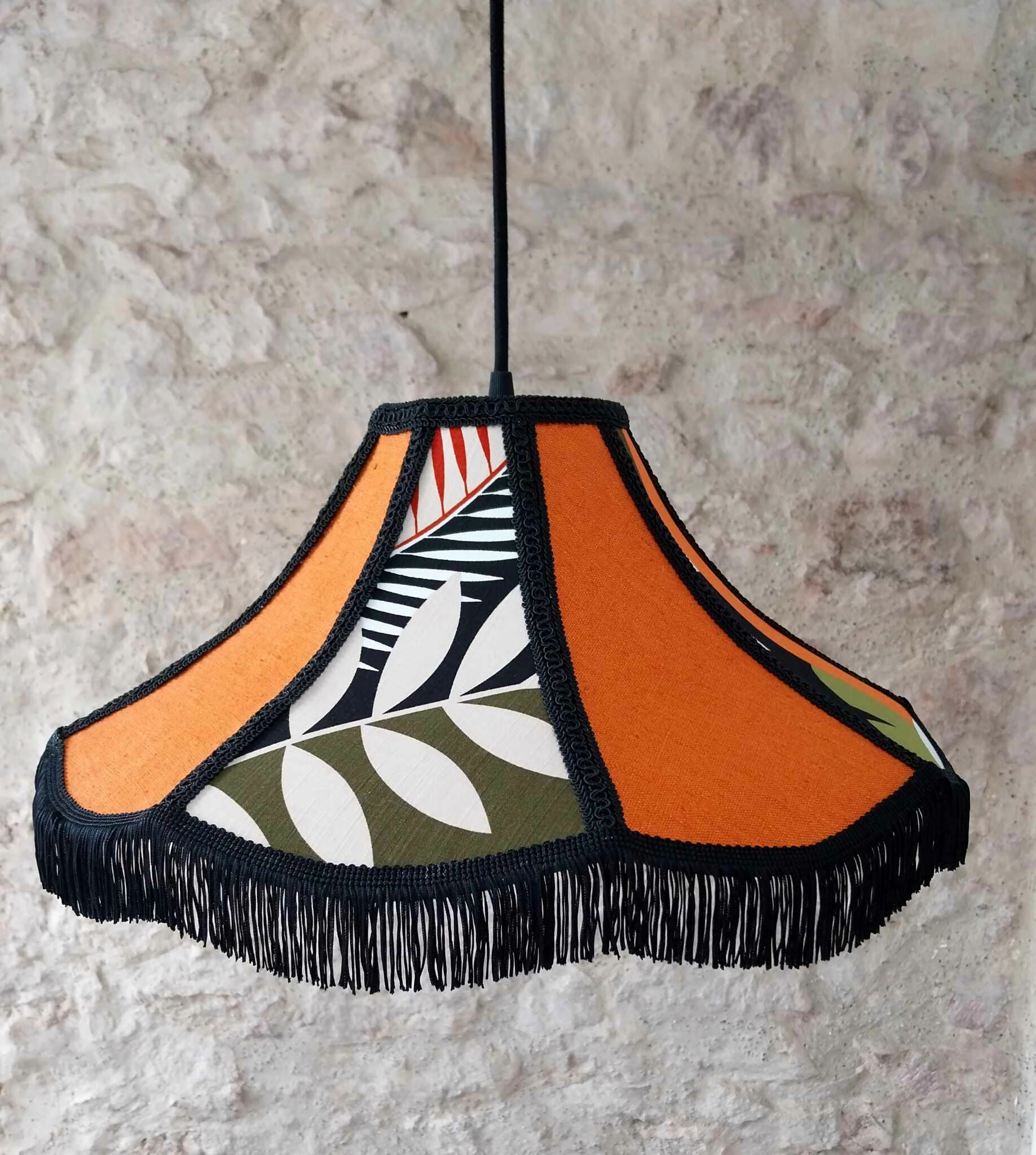 Abat - jour suspension pivoine "Back to the Seventies", lin et coton fleuri. - Ethic Atelier