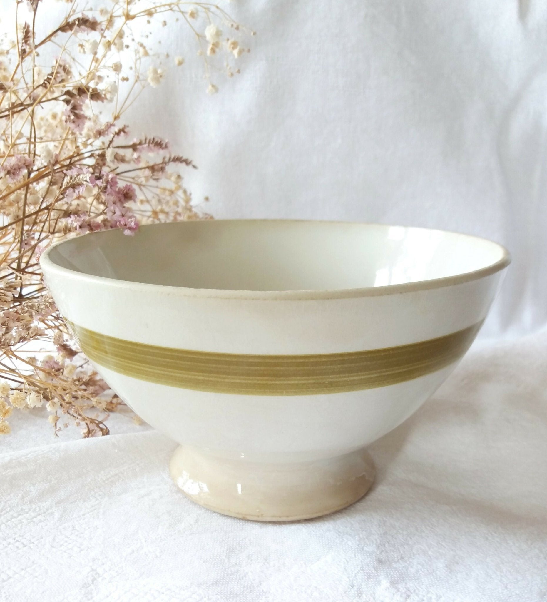 Bol ancien en faïence à liseré vert olive - Ethic Atelier