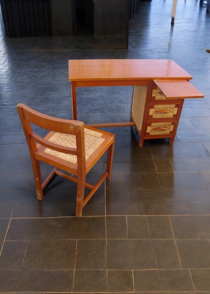 Bureau et sa chaise en acajou et paillage - Mexique en 1959 - Ethic Atelier