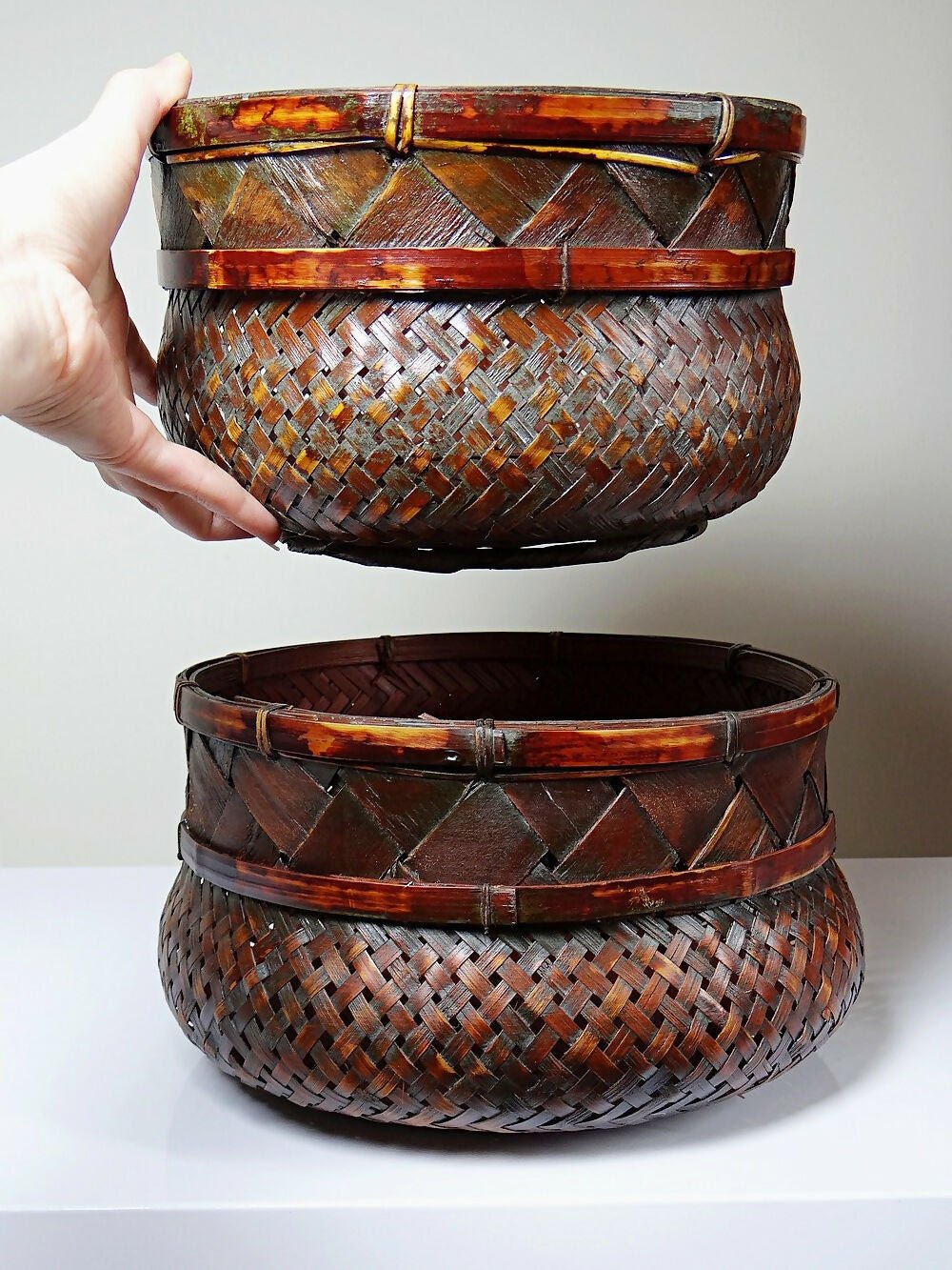 Duo de panières en bambou tressé Japonaises artisanales gigognes vintages - Ethic Atelier