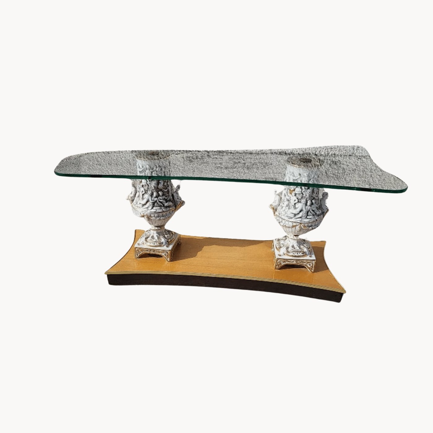 Exceptionnelle Table Basse Italienne - Plateau en Verre, Socle en Bois et Jambages en Porcelaine - Ethic Atelier