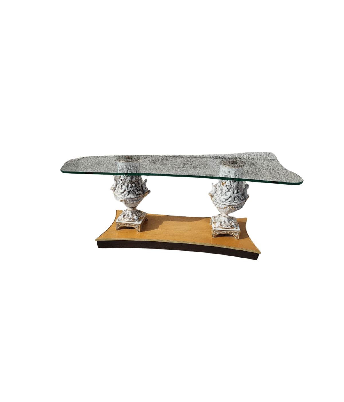 Exceptionnelle Table Basse Italienne - Plateau en Verre, Socle en Bois et Jambages en Porcelaine - Ethic Atelier