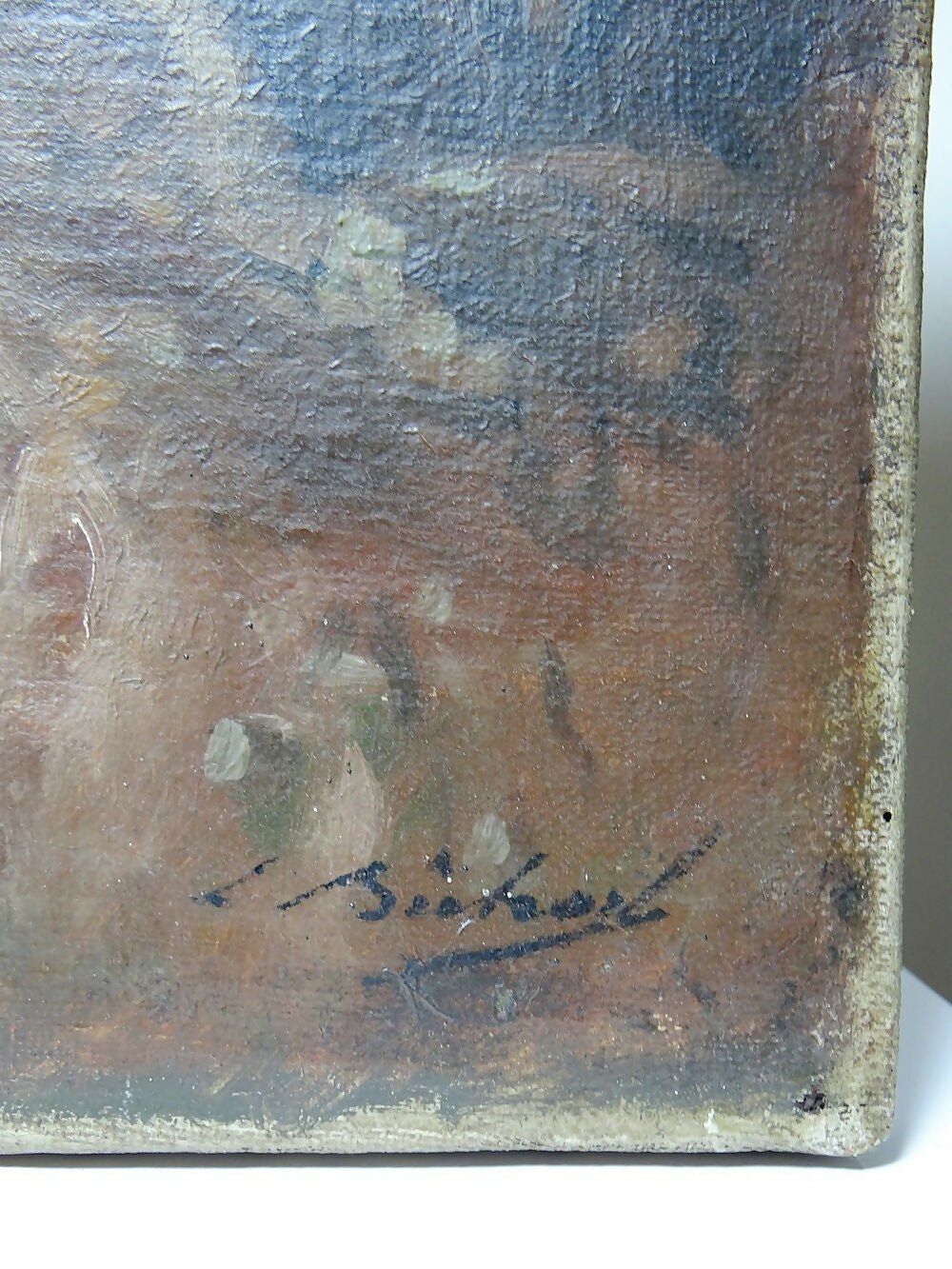 Grand tableau ferme sur étang ancien XIXe signature huile sur toile lin - Ethic Atelier