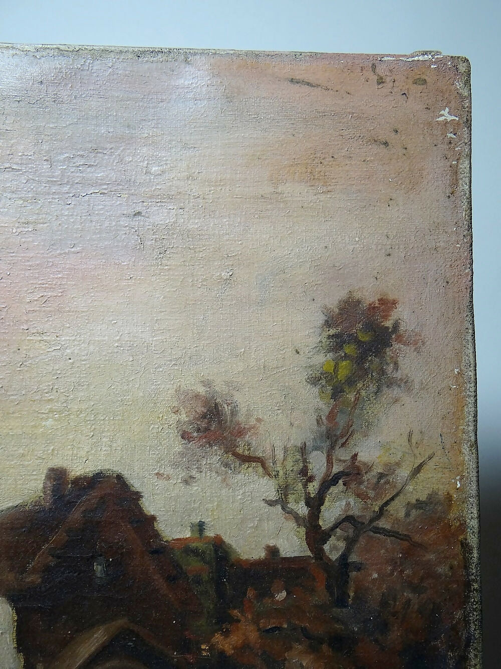 Grand tableau ferme sur étang ancien XIXe signature huile sur toile lin - Ethic Atelier