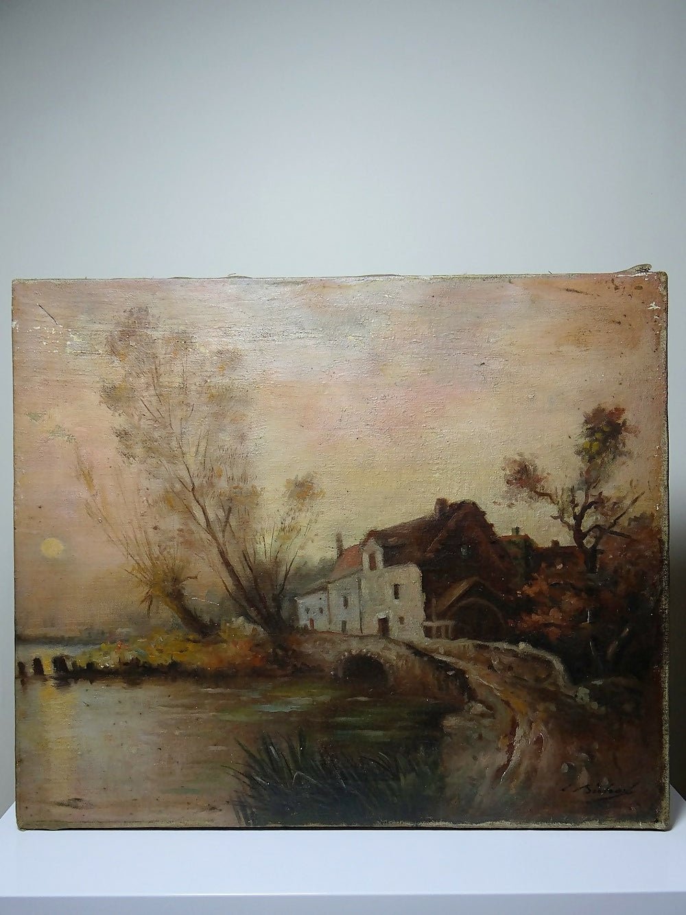 Grand tableau ferme sur étang ancien XIXe signature huile sur toile lin - Ethic Atelier