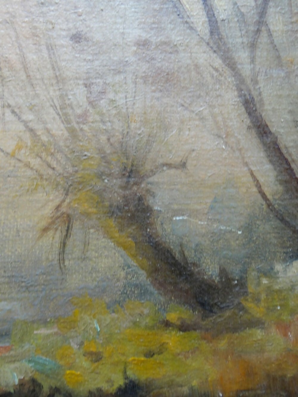 Grand tableau ferme sur étang ancien XIXe signature huile sur toile lin - Ethic Atelier