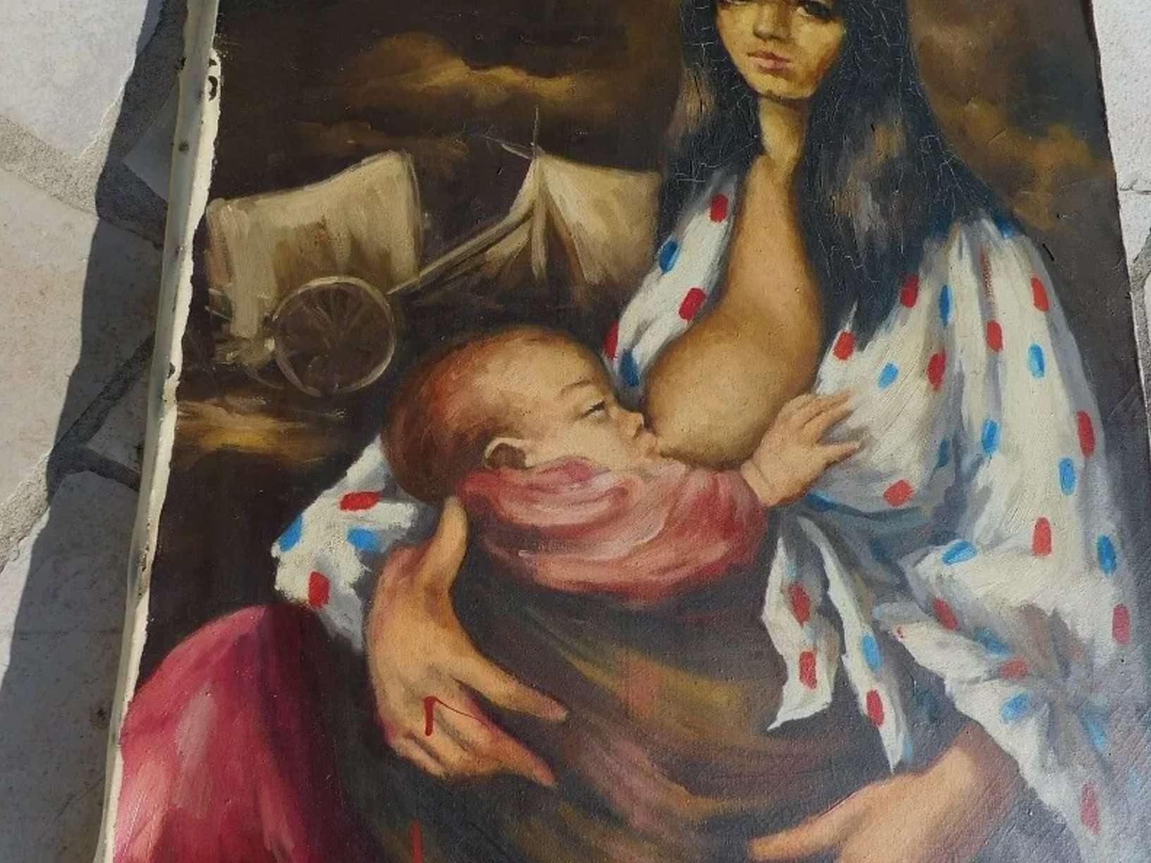 Joli et Grand Tableau Peinture – Femme à l’Enfant Qui Donne le Sein, Huile sur Toile, Signé M. Bartier - Ethic Atelier