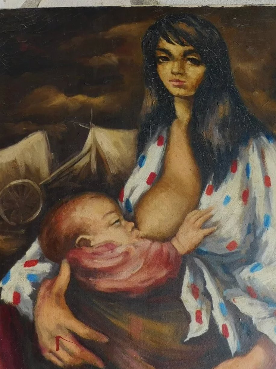 Joli et Grand Tableau Peinture – Femme à l’Enfant Qui Donne le Sein, Huile sur Toile, Signé M. Bartier - Ethic Atelier