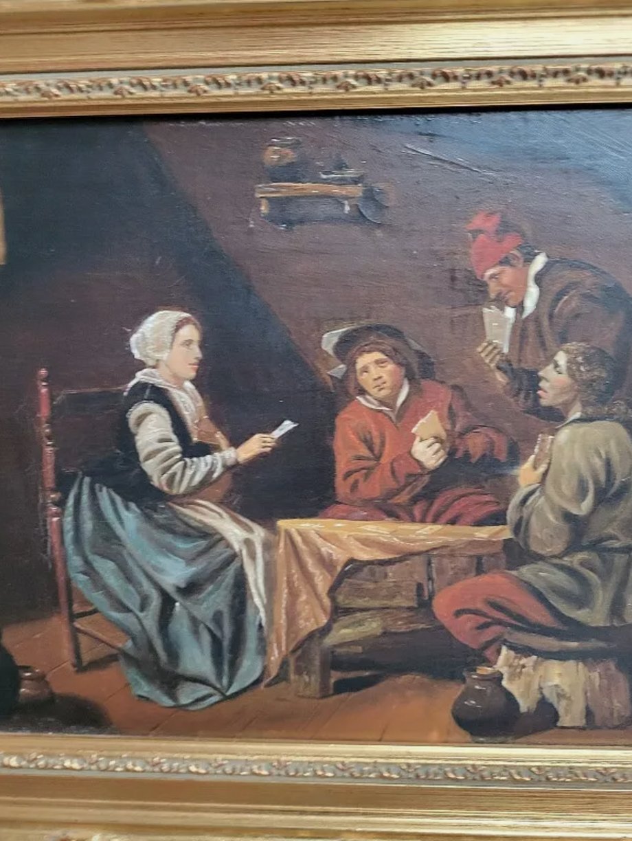 Joli Tableau Peinture - Huile sur Toile - "La Partie de Carte" - Cadre Doré - Ethic Atelier