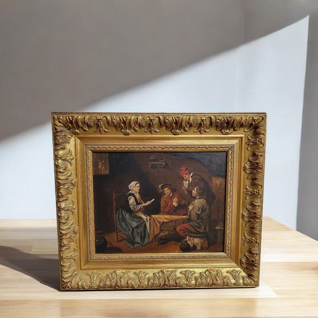 Joli Tableau Peinture - Huile sur Toile - "La Partie de Carte" - Cadre Doré - Ethic Atelier