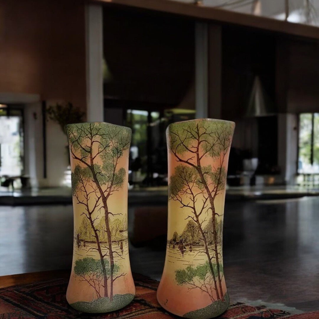 Jolie Paire de Vases en Verre Peint - Type Legras - Ethic Atelier