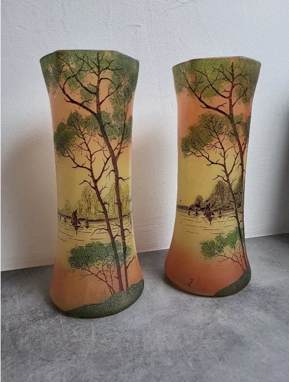 Jolie Paire de Vases en Verre Peint - Type Legras - Ethic Atelier