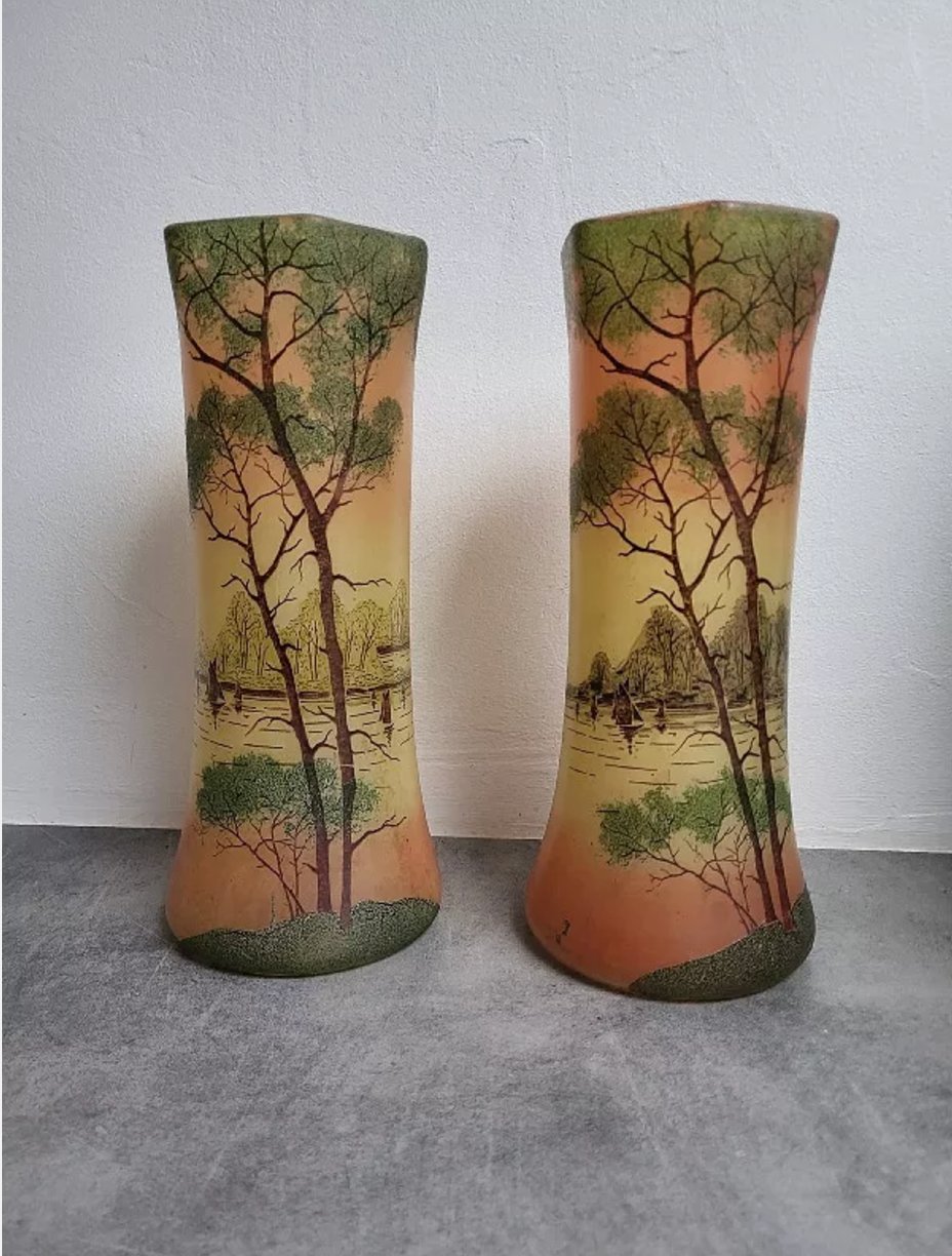 Jolie Paire de Vases en Verre Peint - Type Legras - Ethic Atelier