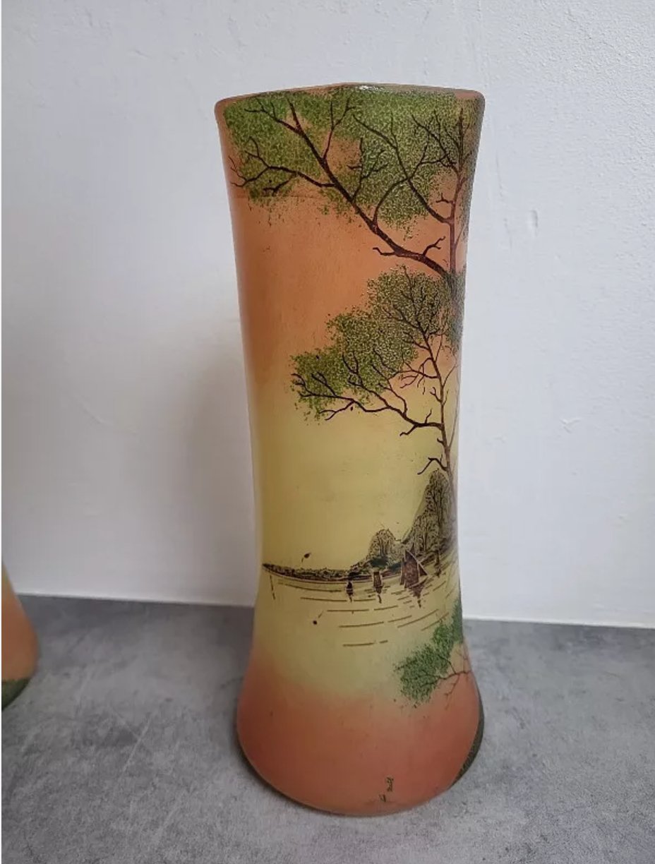 Jolie Paire de Vases en Verre Peint - Type Legras - Ethic Atelier