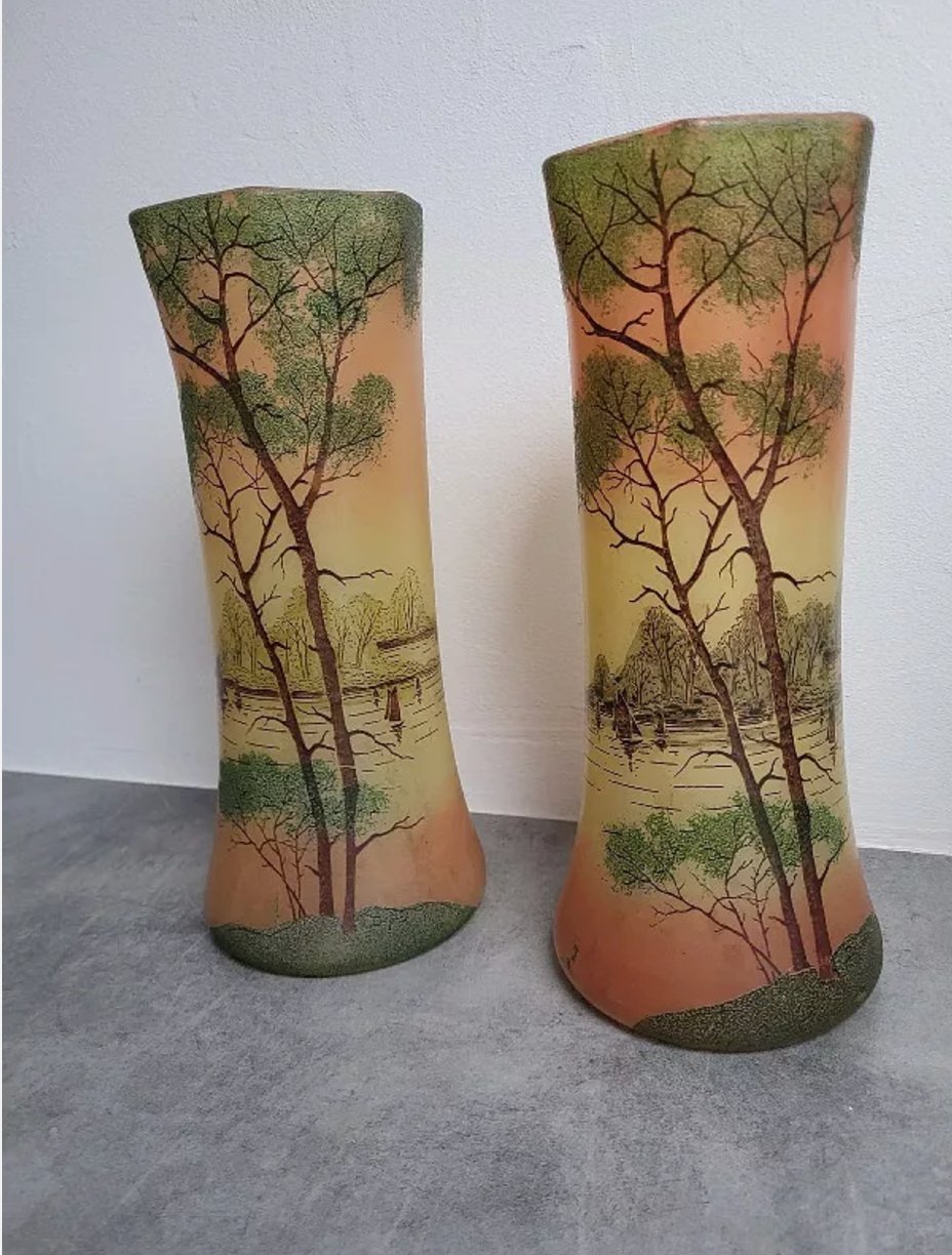 Jolie Paire de Vases en Verre Peint - Type Legras - Ethic Atelier