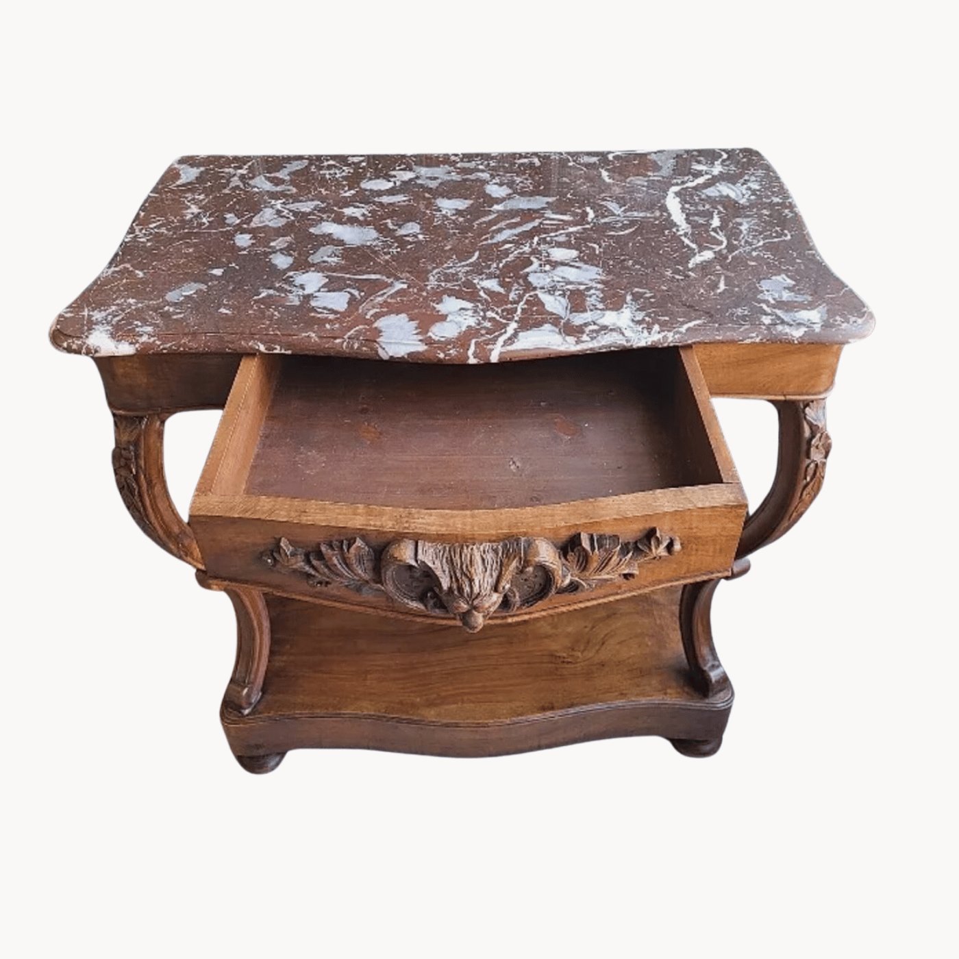 Magnifique Console en Noyer Massif Sculpté avec Plateau Marbre - Fin XIXe siècle - Ethic Atelier