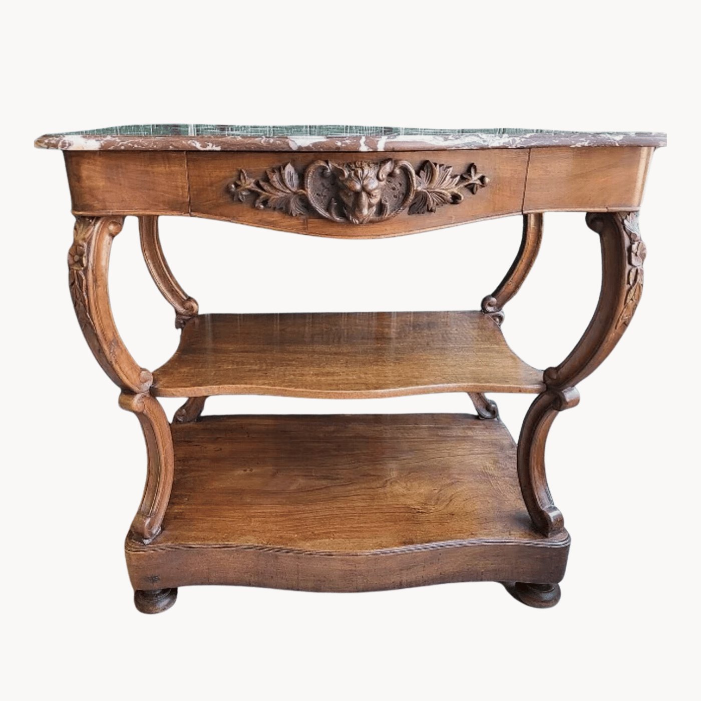 Magnifique Console en Noyer Massif Sculpté avec Plateau Marbre - Fin XIXe siècle - Ethic Atelier