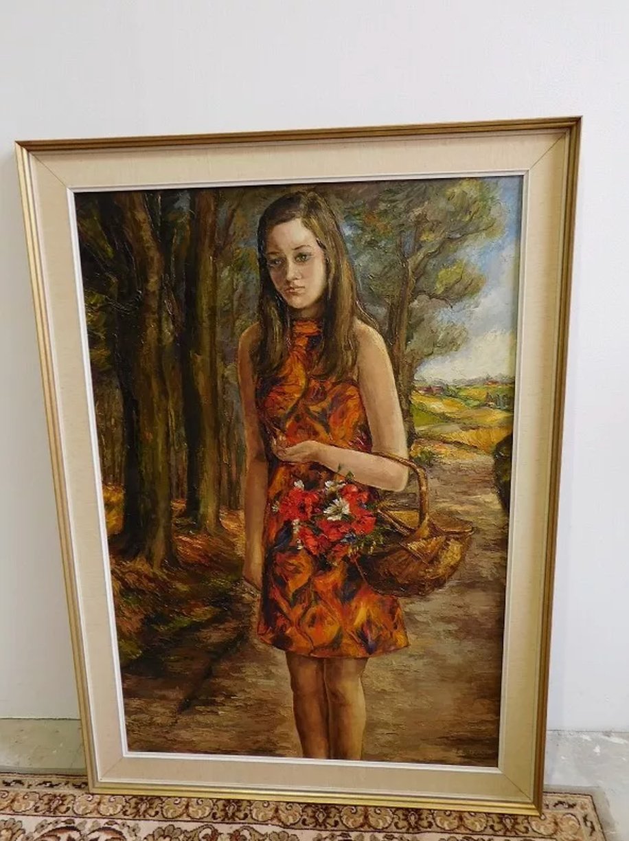 Magnifique et Grand Tableau de 1968 - "La Fille au Panier" - Signé Lucienne Bosquet - Ethic Atelier