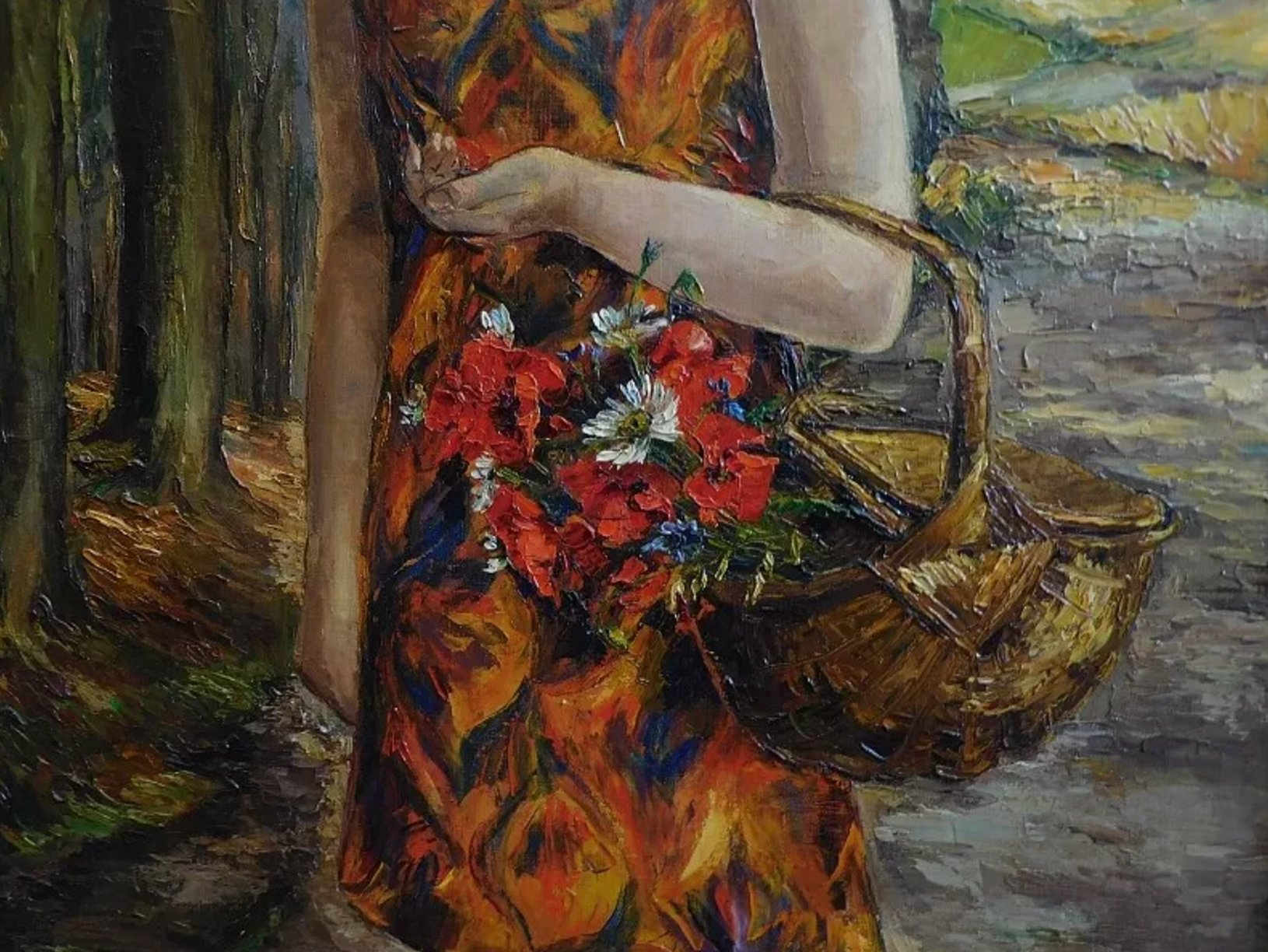 Magnifique et Grand Tableau de 1968 - "La Fille au Panier" - Signé Lucienne Bosquet - Ethic Atelier