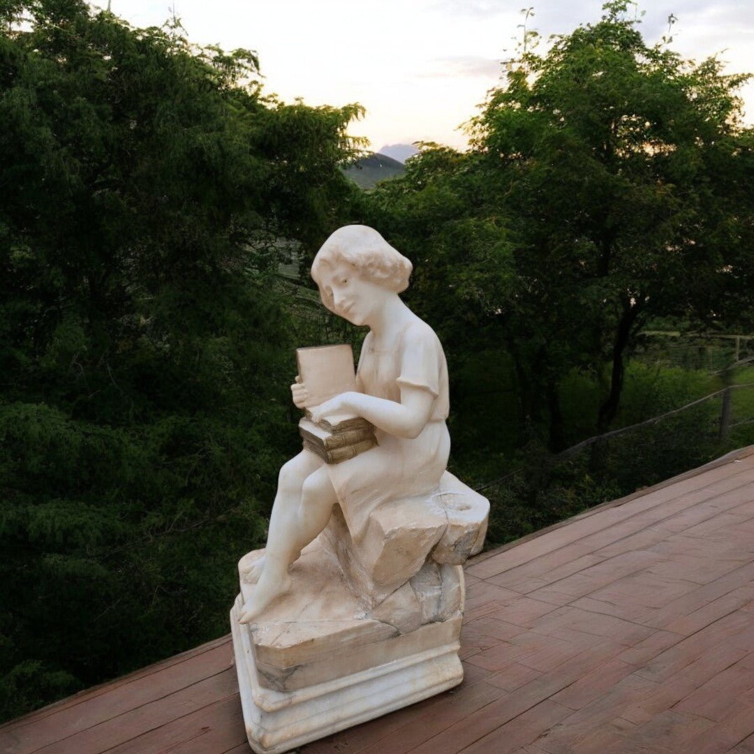 Magnifique Statue en Albâtre - "La Lectrice ou La Lecture" - Ethic Atelier