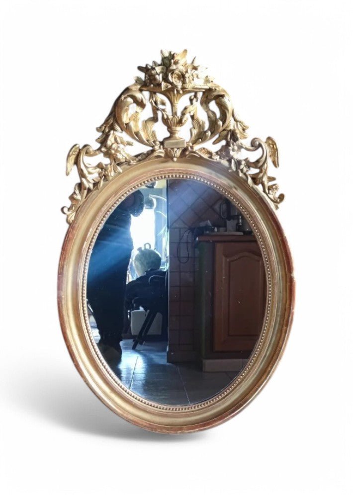 Miroir doré à la feuille en médaillon vers 1850/60 - Ethic Atelier