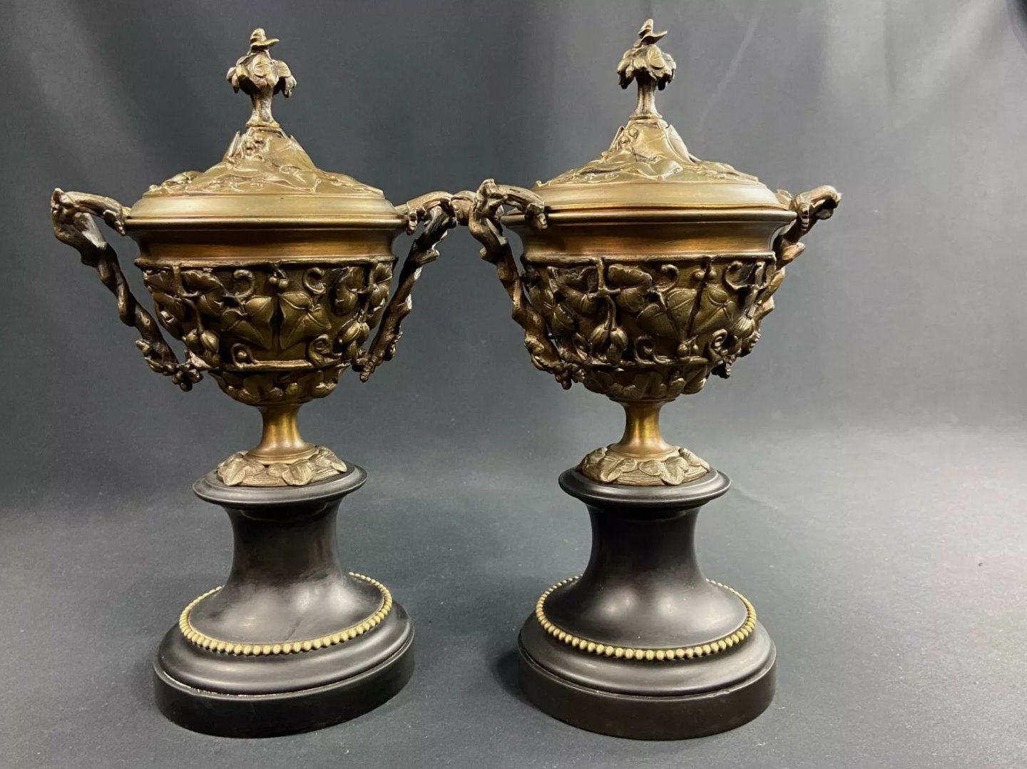 Paire de Cassolettes à Décor Feuillagé en Bronze sur Socle Marbre - XIXe Napoléon III - Ethic Atelier