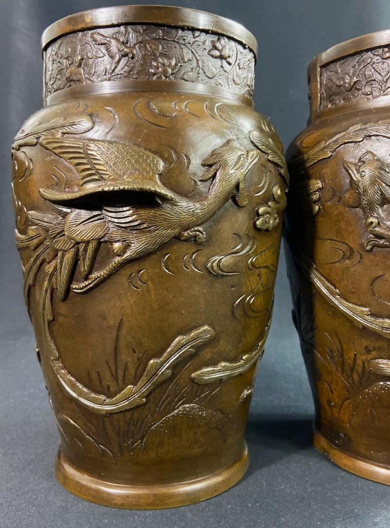 Paire de vases en bronze à décor d'oiseaux, époque Meiji - Ethic Atelier