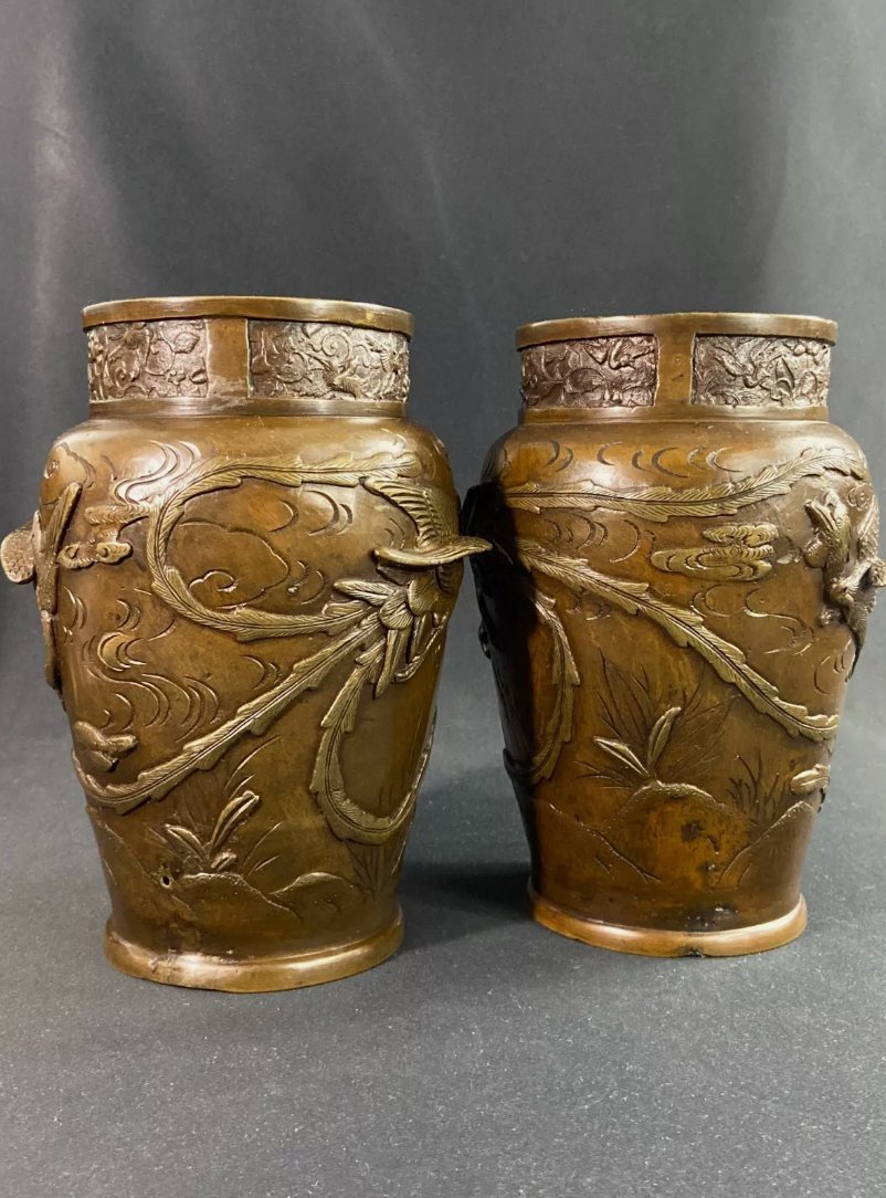 Paire de vases en bronze à décor d'oiseaux, époque Meiji - Ethic Atelier