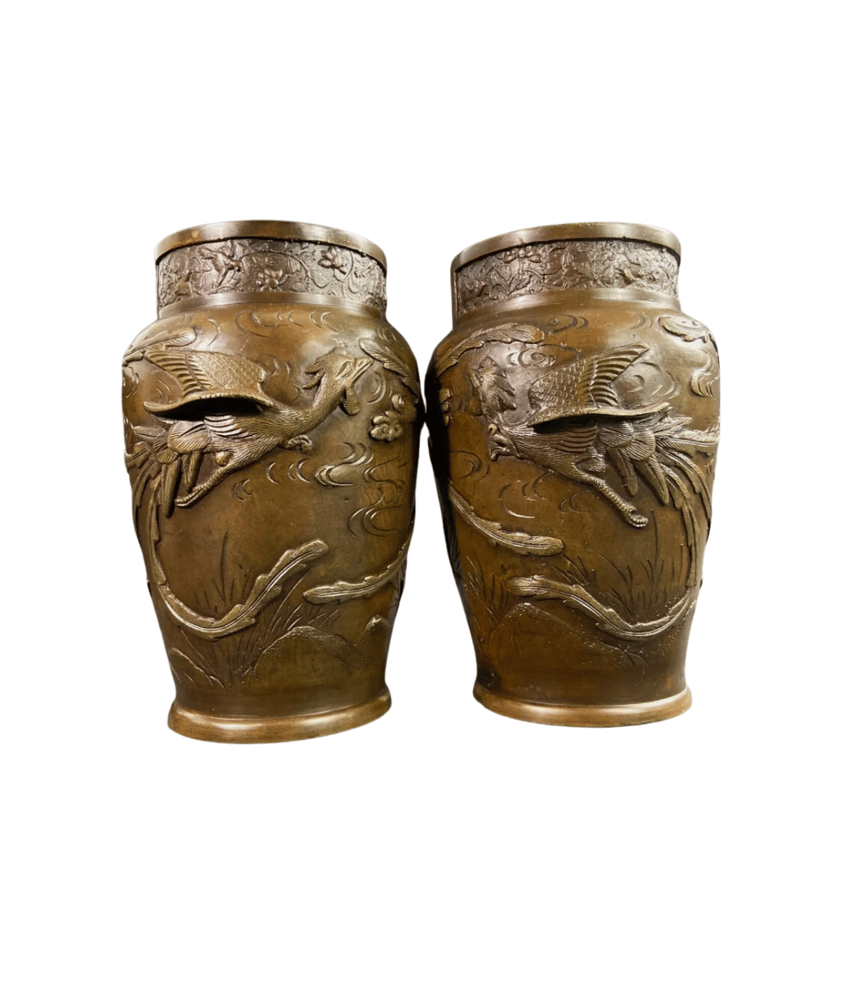 Paire de vases en bronze à décor d'oiseaux, époque Meiji - Ethic Atelier