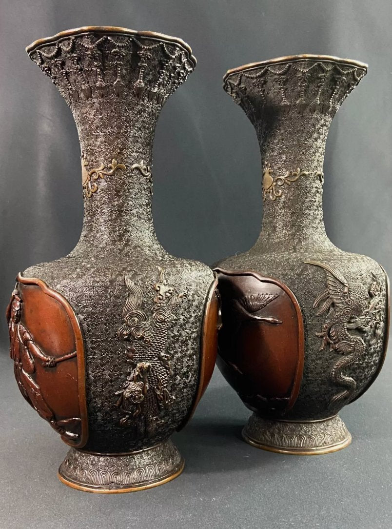 Paire de Vases Japonais Meiji en Bronze Décor Samouraï et Dragons - Ethic Atelier