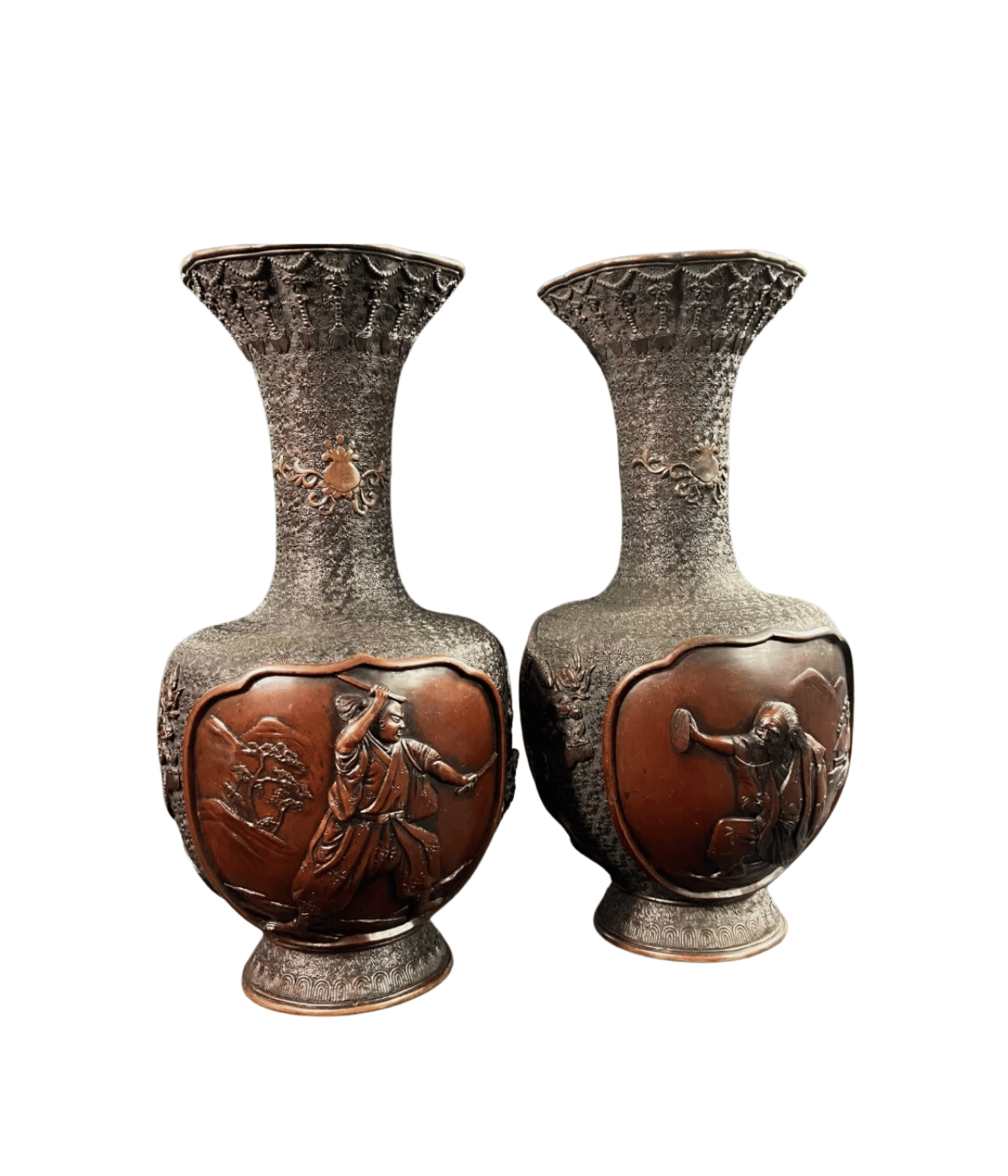 Paire de Vases Japonais Meiji en Bronze Décor Samouraï et Dragons - Ethic Atelier