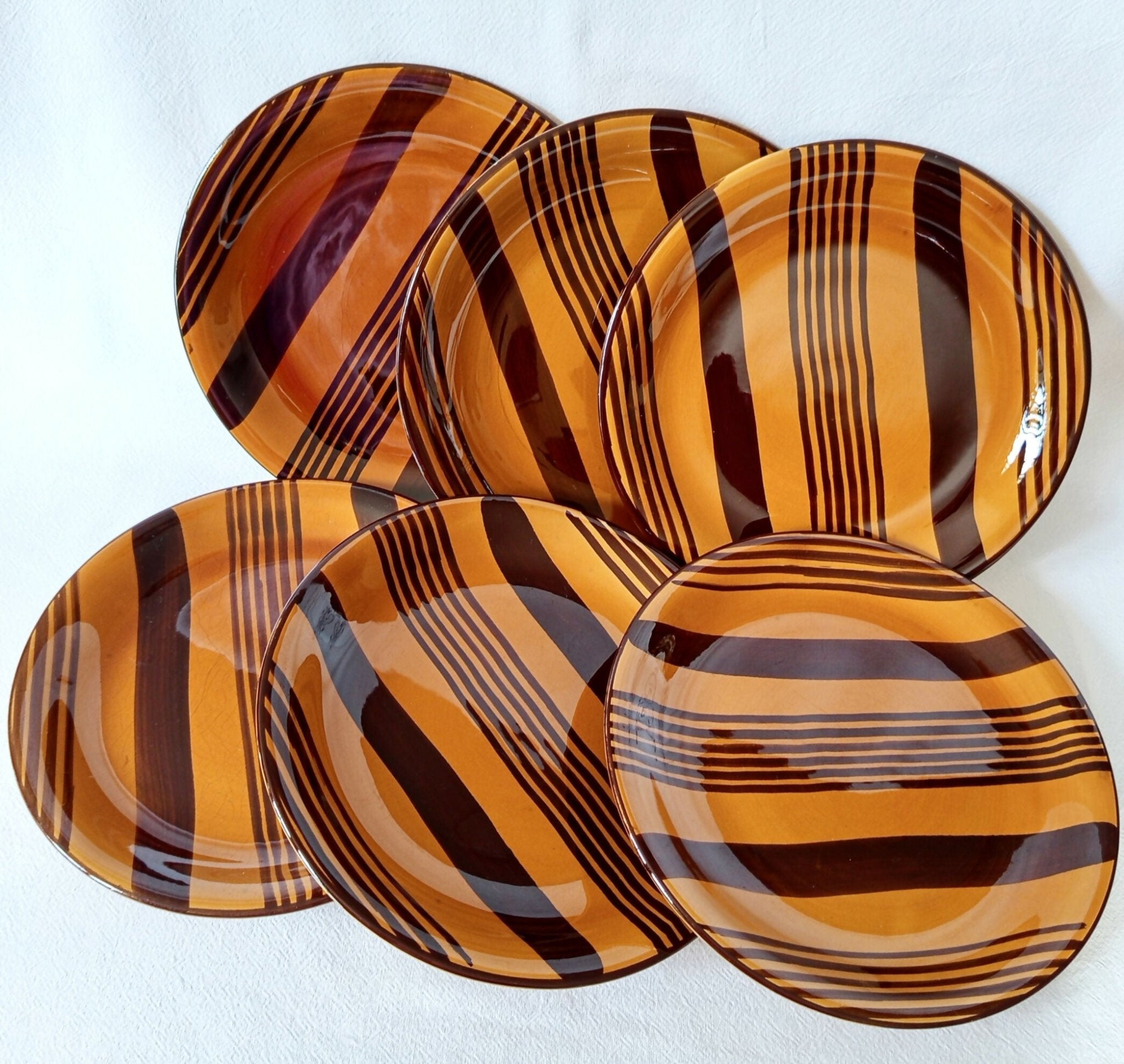 Série de 6 assiettes plates fauves à rayures Digoin Sarreguemines "Esterel" - Ethic Atelier
