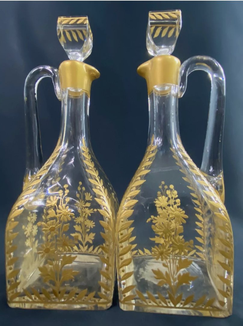 Service à Liqueur XIXe en Cristal Émaillé Or à Décor Végétal - Paire de Carafes et 6 Verres - Ethic Atelier