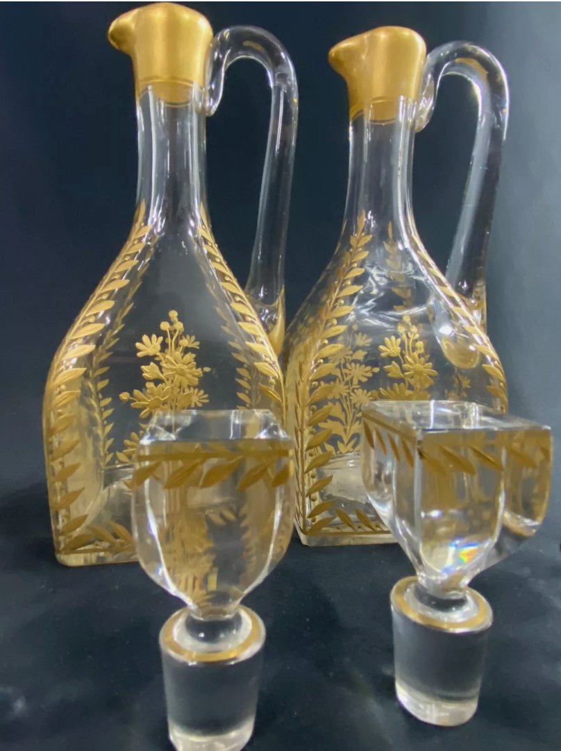 Service à Liqueur XIXe en Cristal Émaillé Or à Décor Végétal - Paire de Carafes et 6 Verres - Ethic Atelier