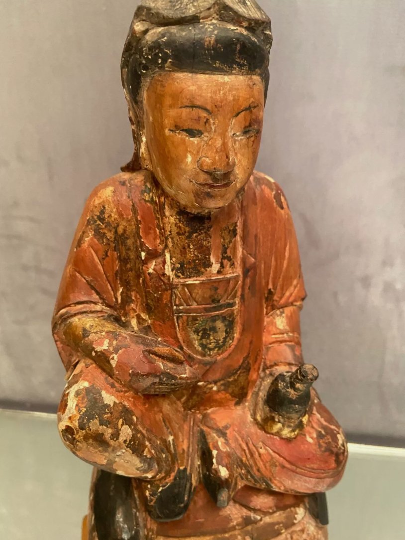 Statue de divinité chinoise en bois sculpté et polychrome - Ethic Atelier