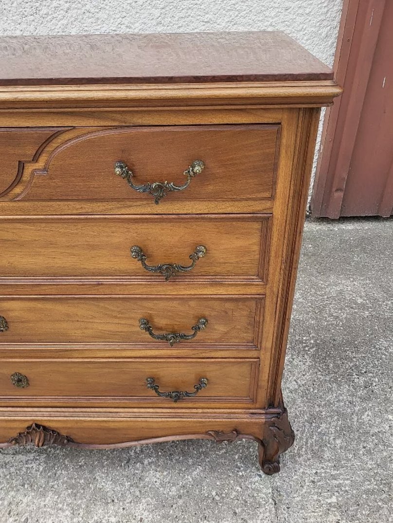 Superbe Commode 4 Tiroirs en Noyer avec Plateau en Marbre Rouge - XIXe Siècle - Ethic Atelier