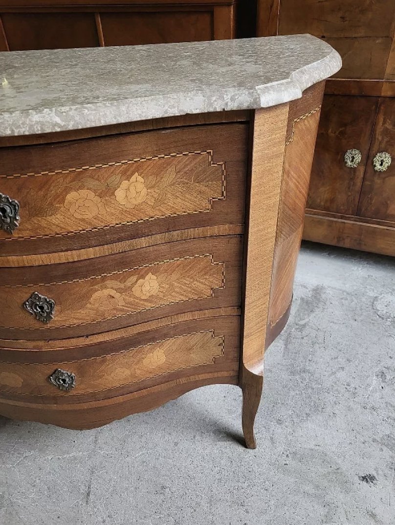 Superbe Commode Marqueterie en Bois de Rose Galbée avec Plateau en Marbre - Ethic Atelier