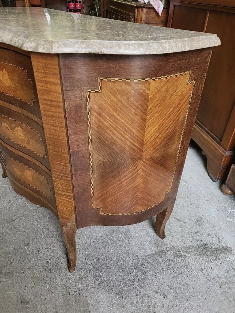 Superbe Commode Marqueterie en Bois de Rose Galbée avec Plateau en Marbre - Ethic Atelier