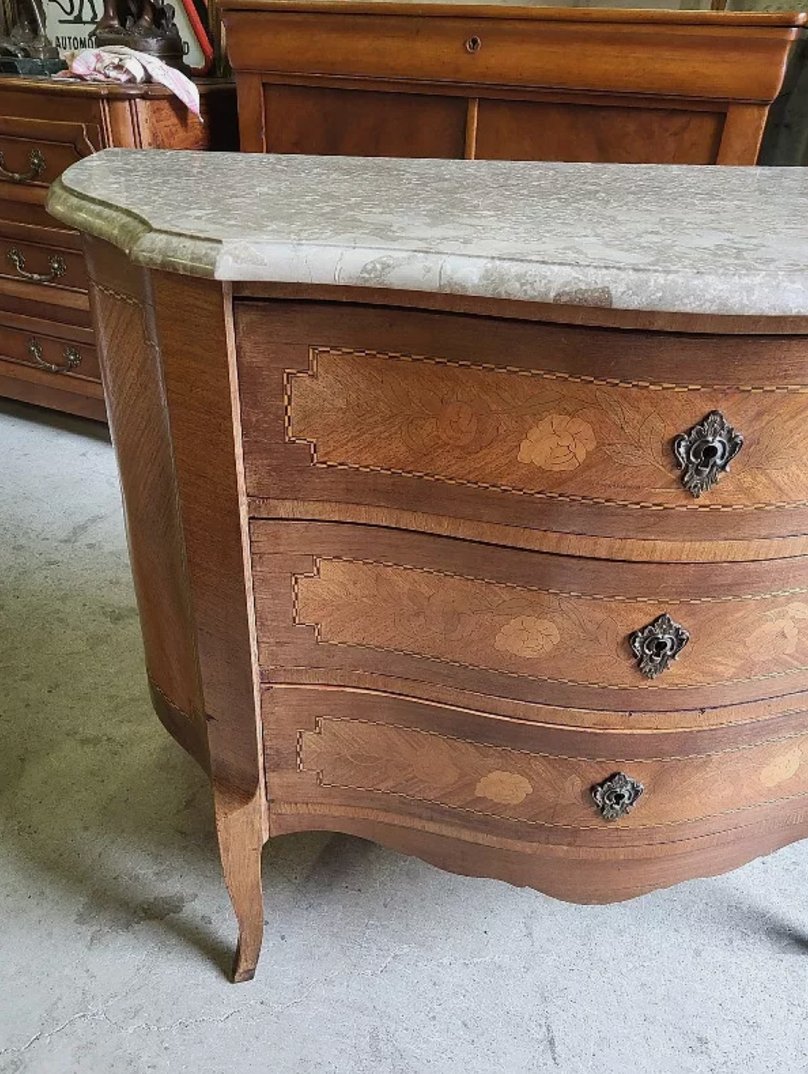 Superbe Commode Marqueterie en Bois de Rose Galbée avec Plateau en Marbre - Ethic Atelier