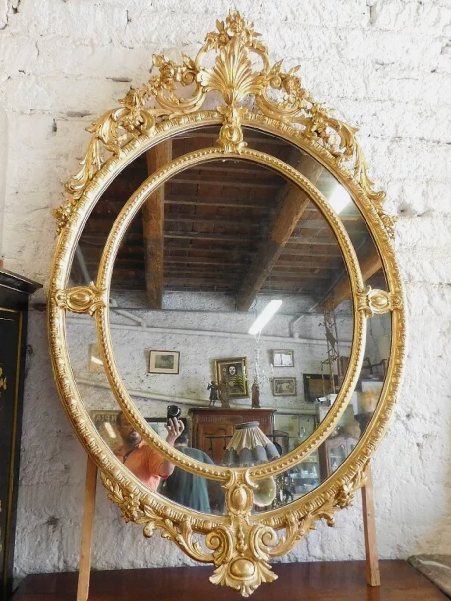 Superbe et Énorme Miroir Médaillon Doré - XIXème Siècle - Ethic Atelier