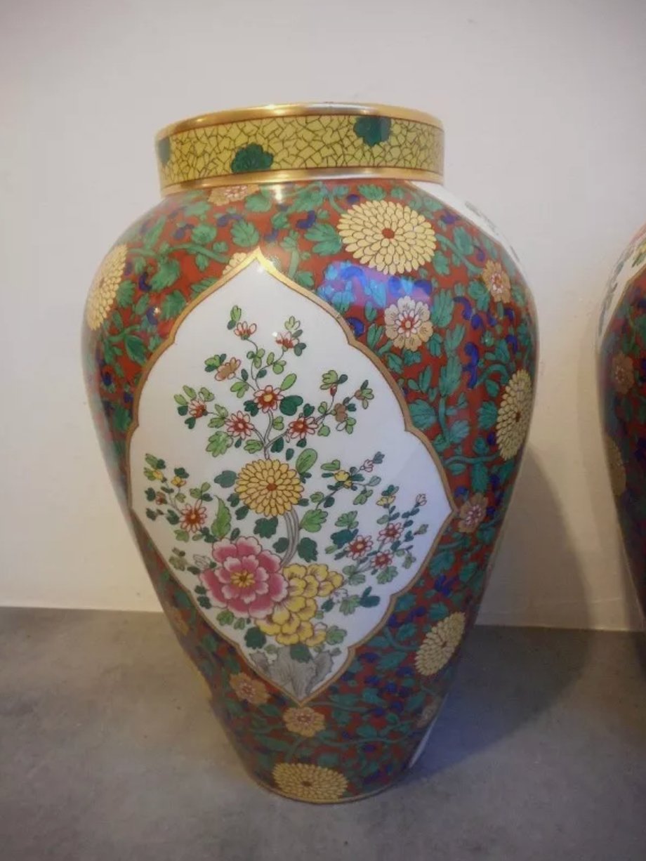 Superbe et Grande Paire de Vases Limoges B & Cie en Faïence Peinte et Dorée - Ethic Atelier