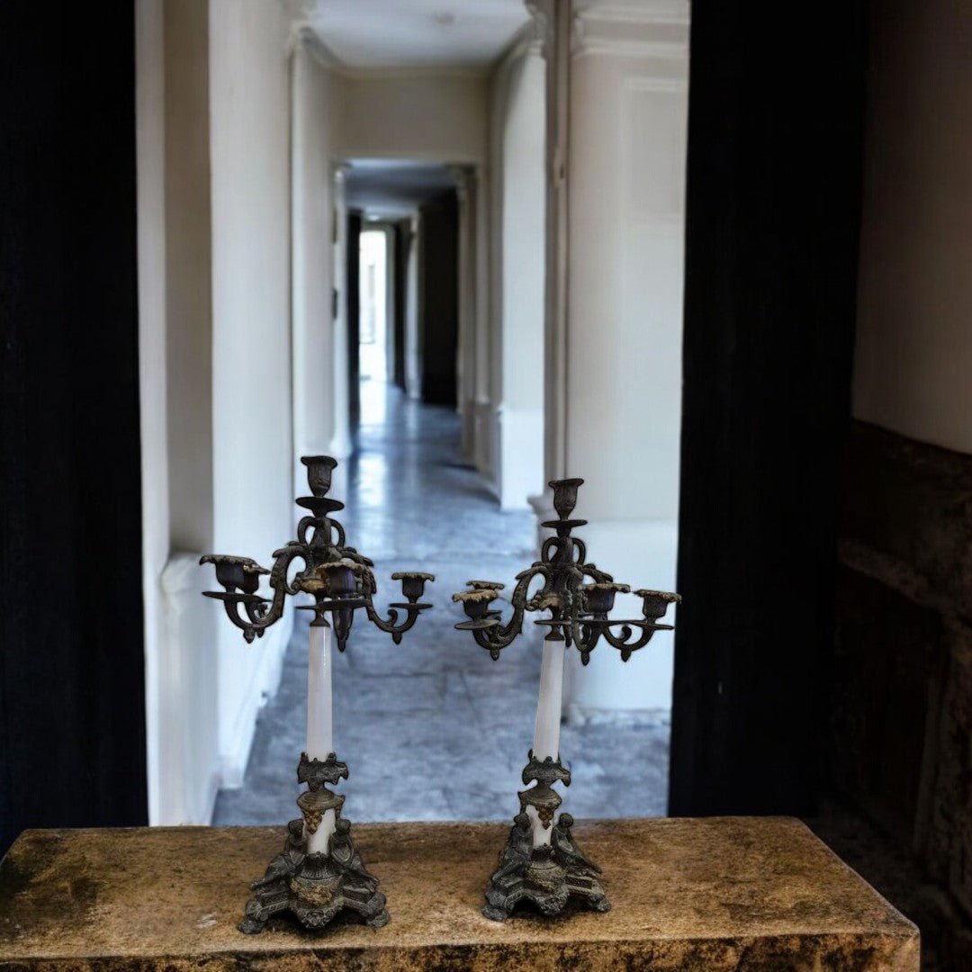Superbe Paire de Chandeliers Candélabres en Régule Bronze et Porcelaine - Ethic Atelier