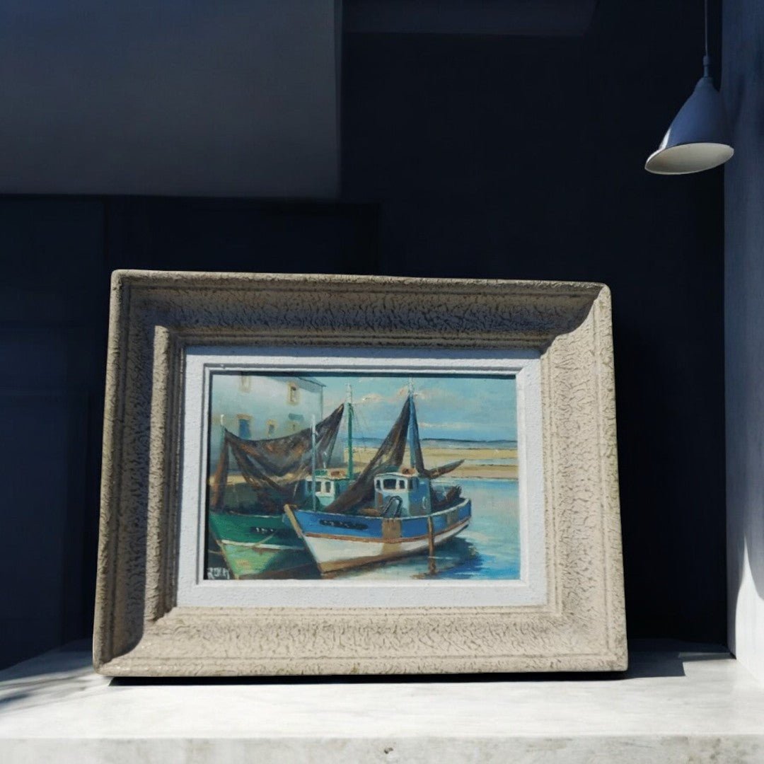 Superbe Tableau Peinture - Huile sur Toile - "Bateaux au Port" - Signé Reney - Ethic Atelier