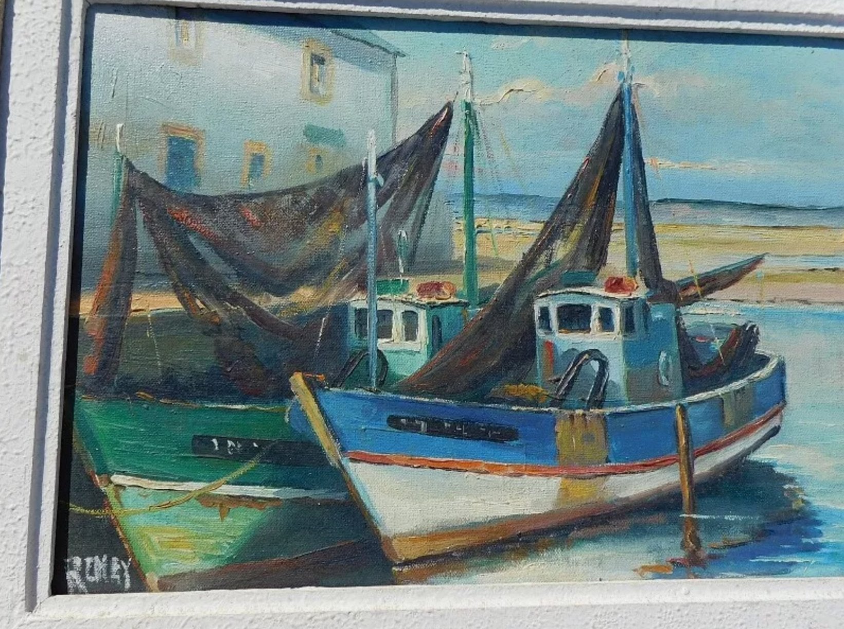 Superbe Tableau Peinture - Huile sur Toile - "Bateaux au Port" - Signé Reney - Ethic Atelier