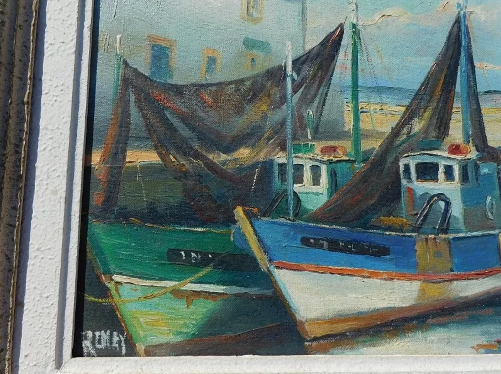 Superbe Tableau Peinture - Huile sur Toile - "Bateaux au Port" - Signé Reney - Ethic Atelier