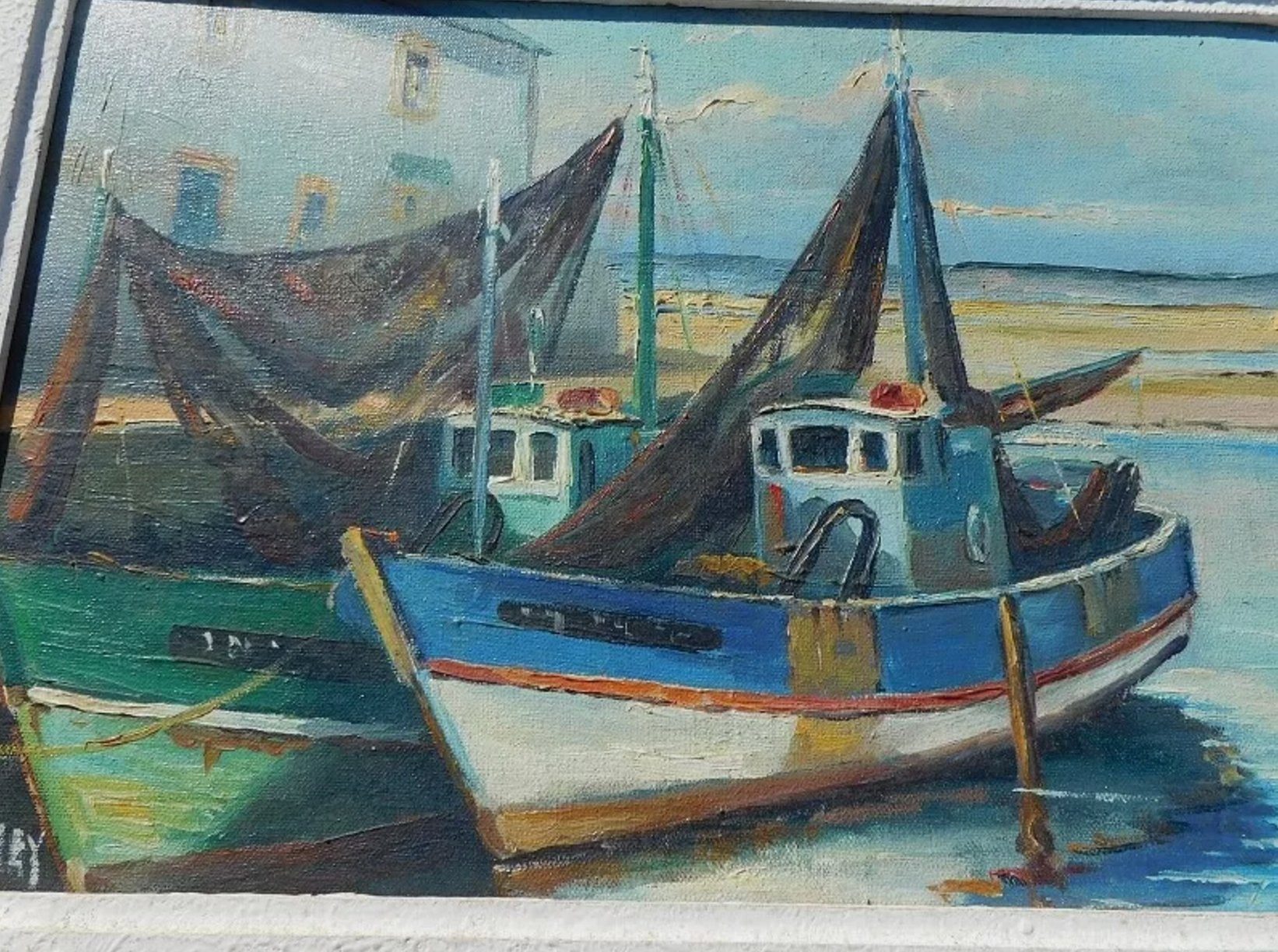 Superbe Tableau Peinture - Huile sur Toile - "Bateaux au Port" - Signé Reney - Ethic Atelier