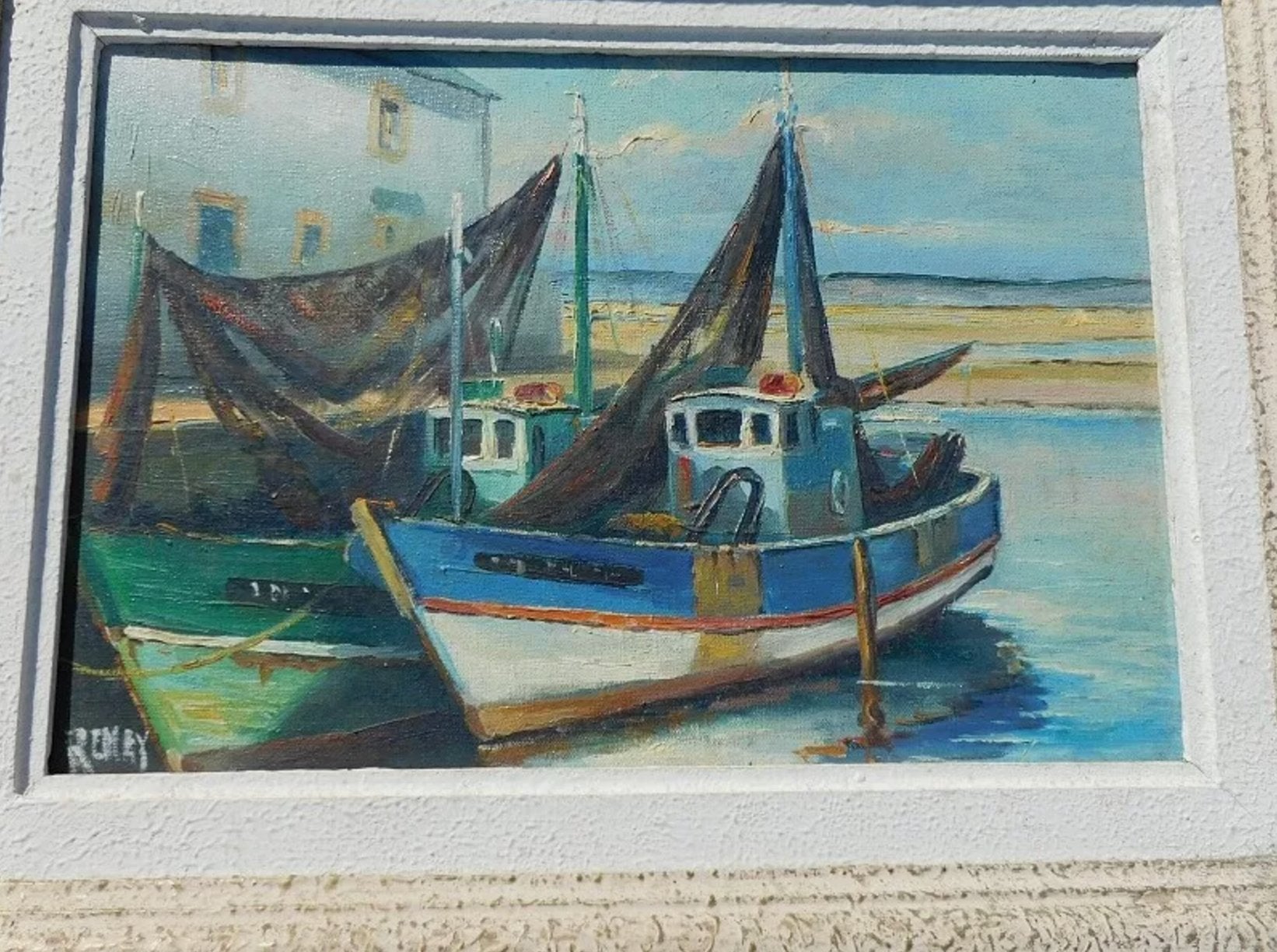 Superbe Tableau Peinture - Huile sur Toile - "Bateaux au Port" - Signé Reney - Ethic Atelier